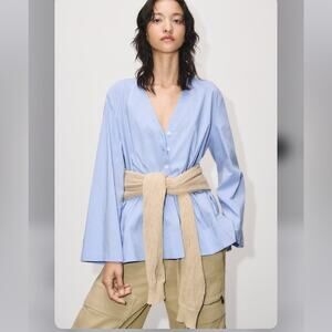 Zara Blue / White STRIPED VENT POPLIN BLOUSE Size Large